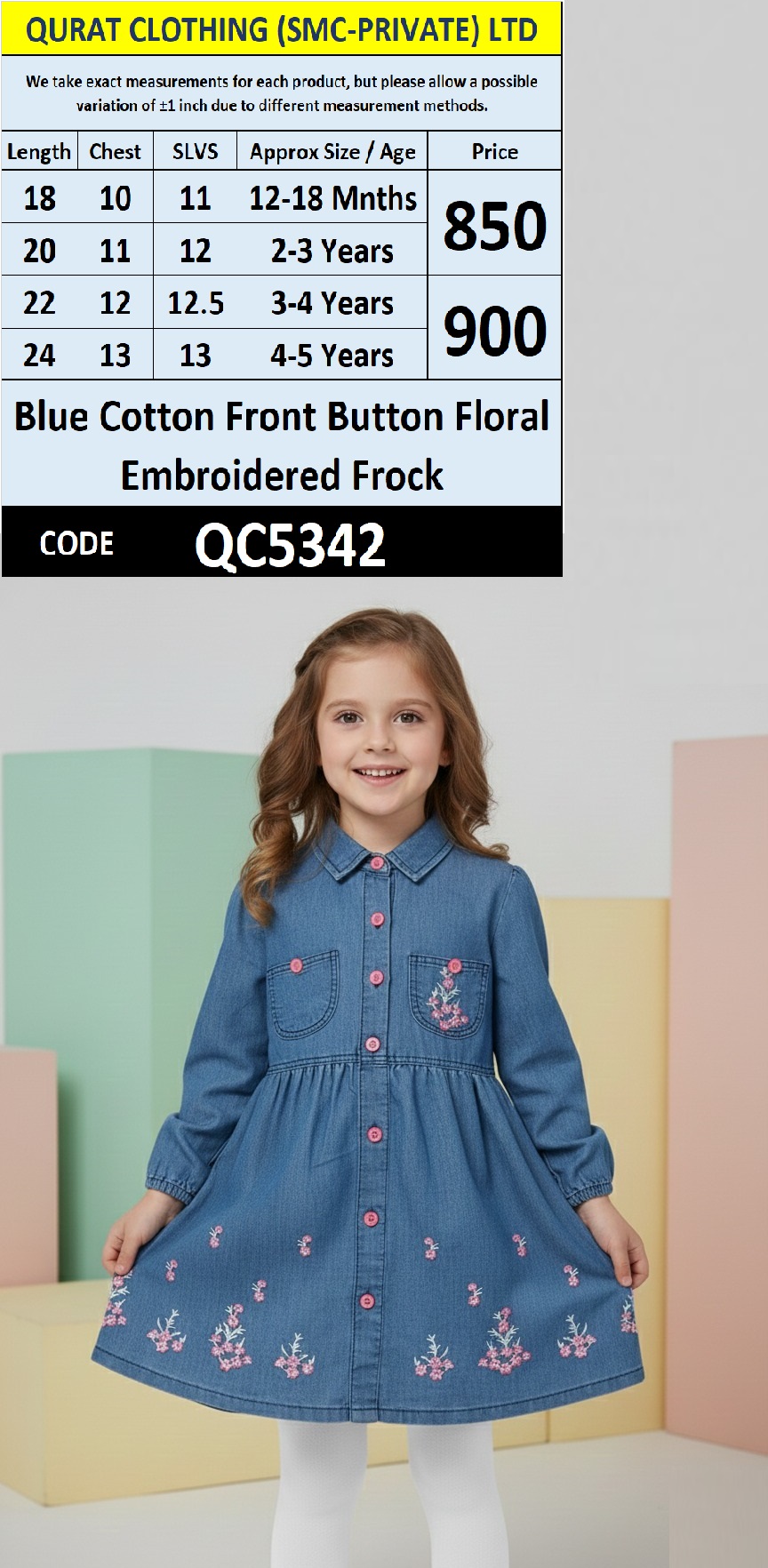 Blue Cotton Front Button Floral Embroidered Kids Frock QC5342