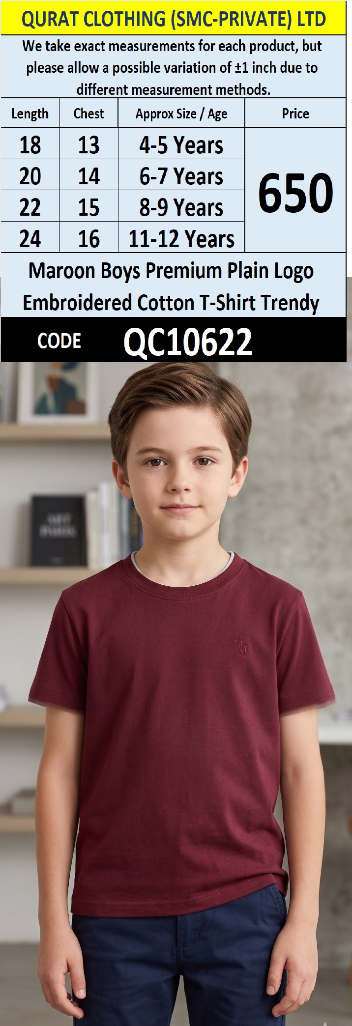 Maroon Boys Premium Plain Logo Embroidered Cotton T-Shirt Trendy QC10622