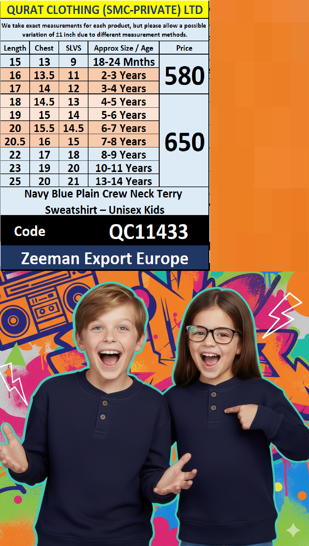 Zeeman Export Europe Navy Blue Plain Crew Neck Terry Sweatshirt – Unisex Kids – QC11433