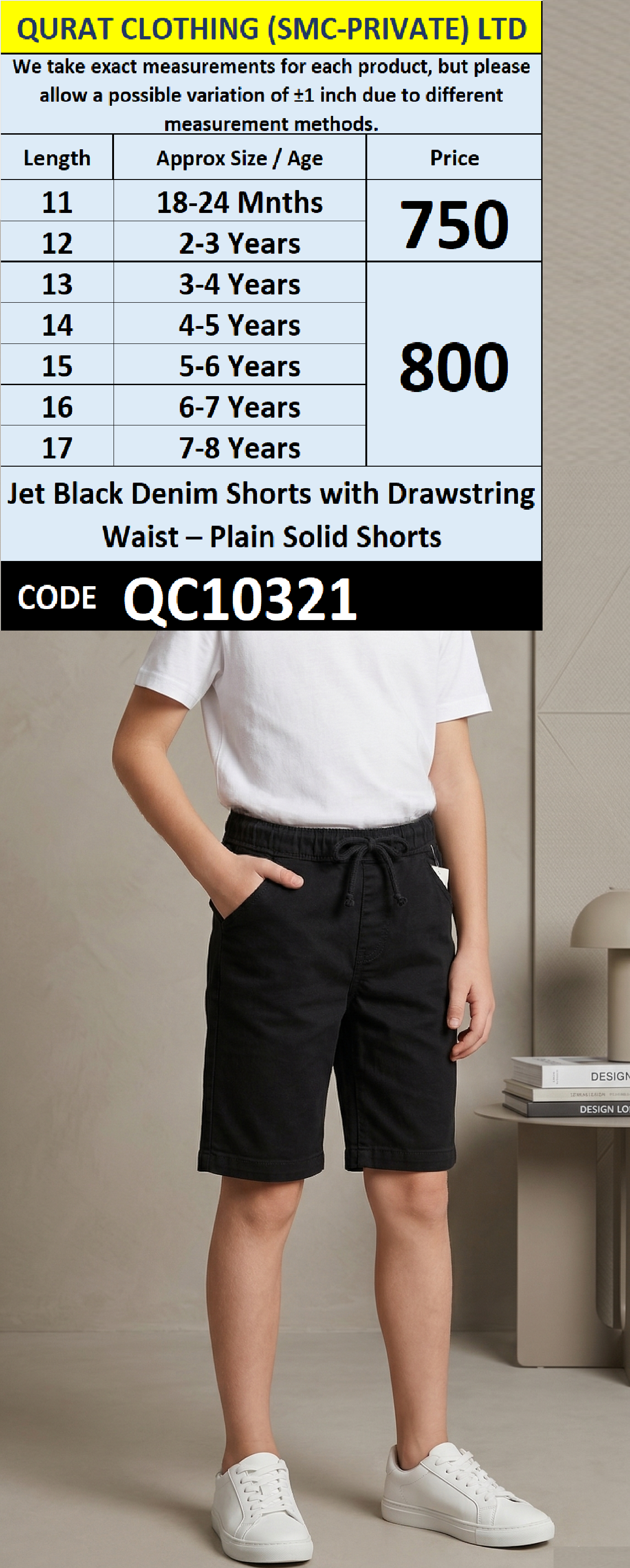 Jet Black Denim Shorts with Drawstring Waist – Plain Solid Shorts – QC10321