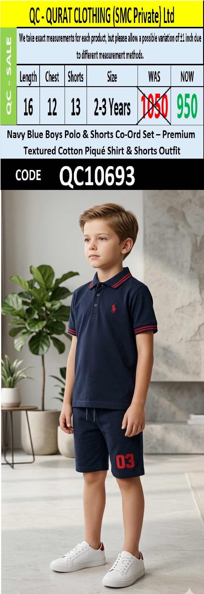 Navy Blue Boys Polo & Shorts Co-Ord Set – Premium Textured Cotton Piqué Shirt & Shorts Outfit QC10693