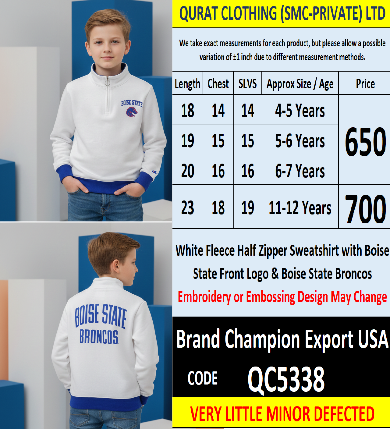 Champion Kids White Fleece Half Zipper Sweatshirt Boise State Front Logo Boise State Broncos Back Embroidery Export USA QC5338