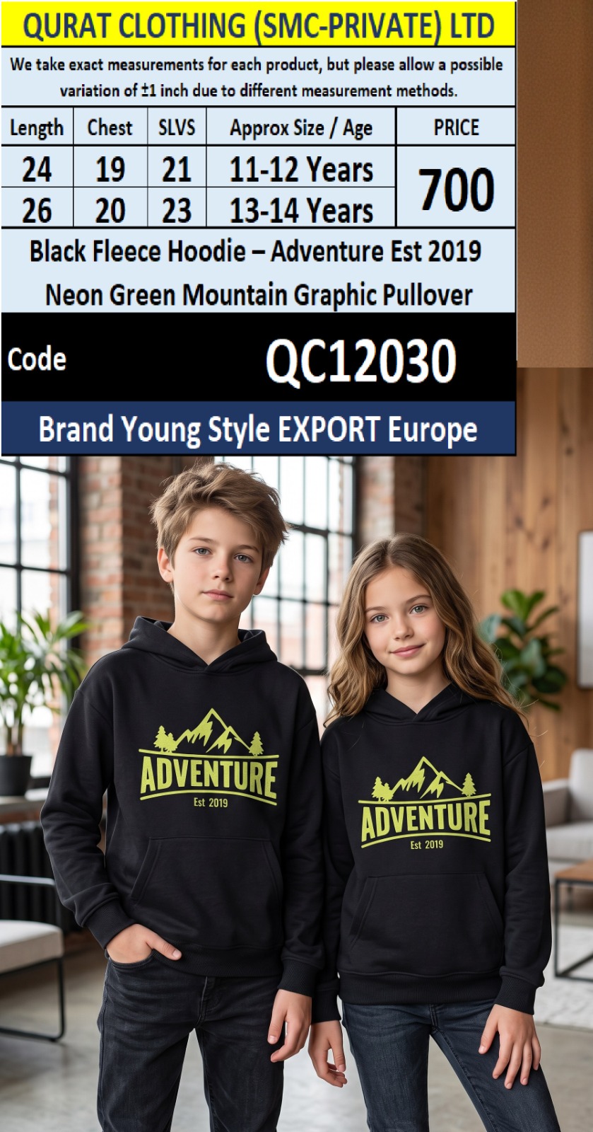 Black Fleece Hoodie – Adventure Est 2019 Neon Green Mountain Graphic Pullover – Young Style Export Europe – QC12030