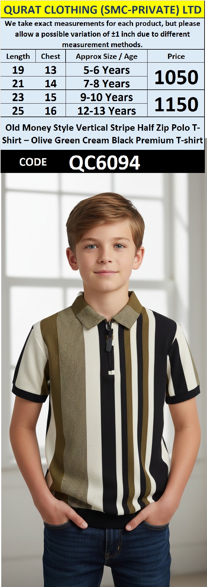 Old Money Style Vertical Stripe Half Zip Polo T-Shirt – Olive Green Cream Black Premium Ribbed - QC6094