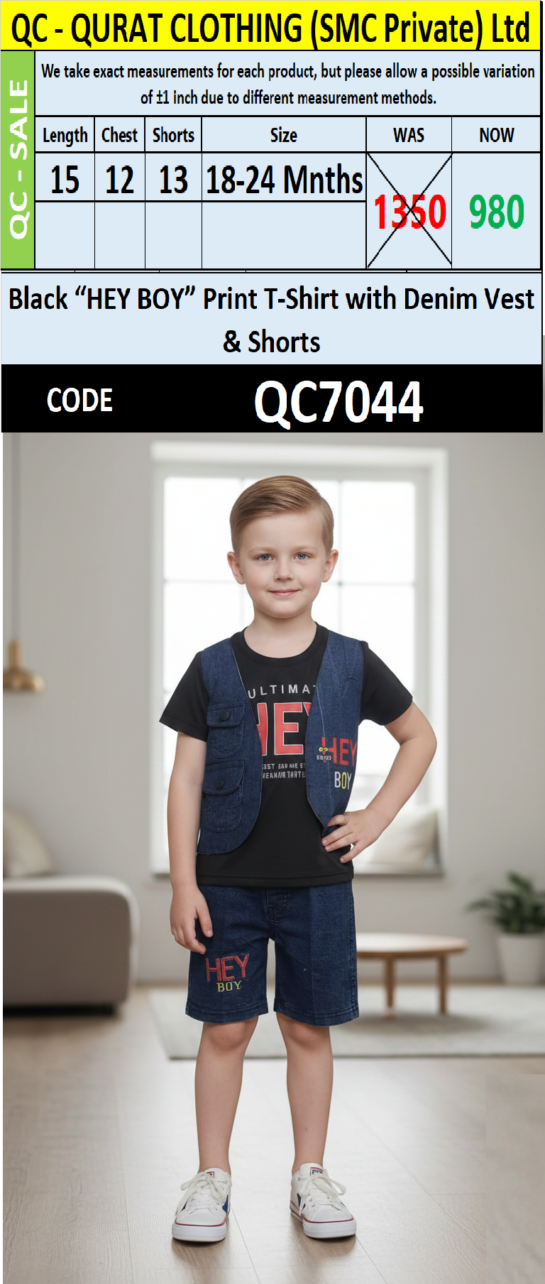 Black “HEY BOY” Graphic T-Shirt with Denim Vest & Shorts Boys 2-Piece Set QC7044