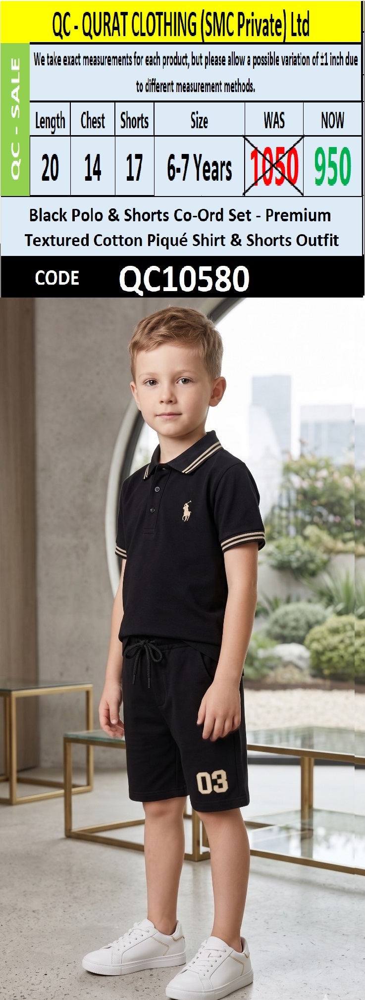 Black Polo & Shorts Co-Ord Set – Premium Textured Cotton Piqué Shirt & Shorts Outfit QC10580