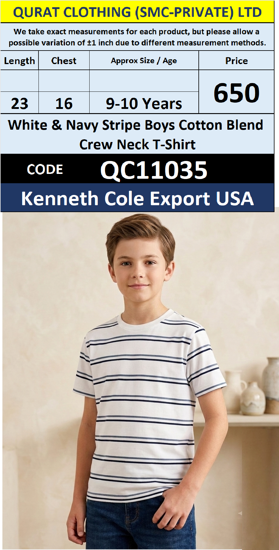 White & Navy Stripe Boys Cotton Blend Crew Neck T-Shirt – QC11035 – Kenneth Cole Export USA