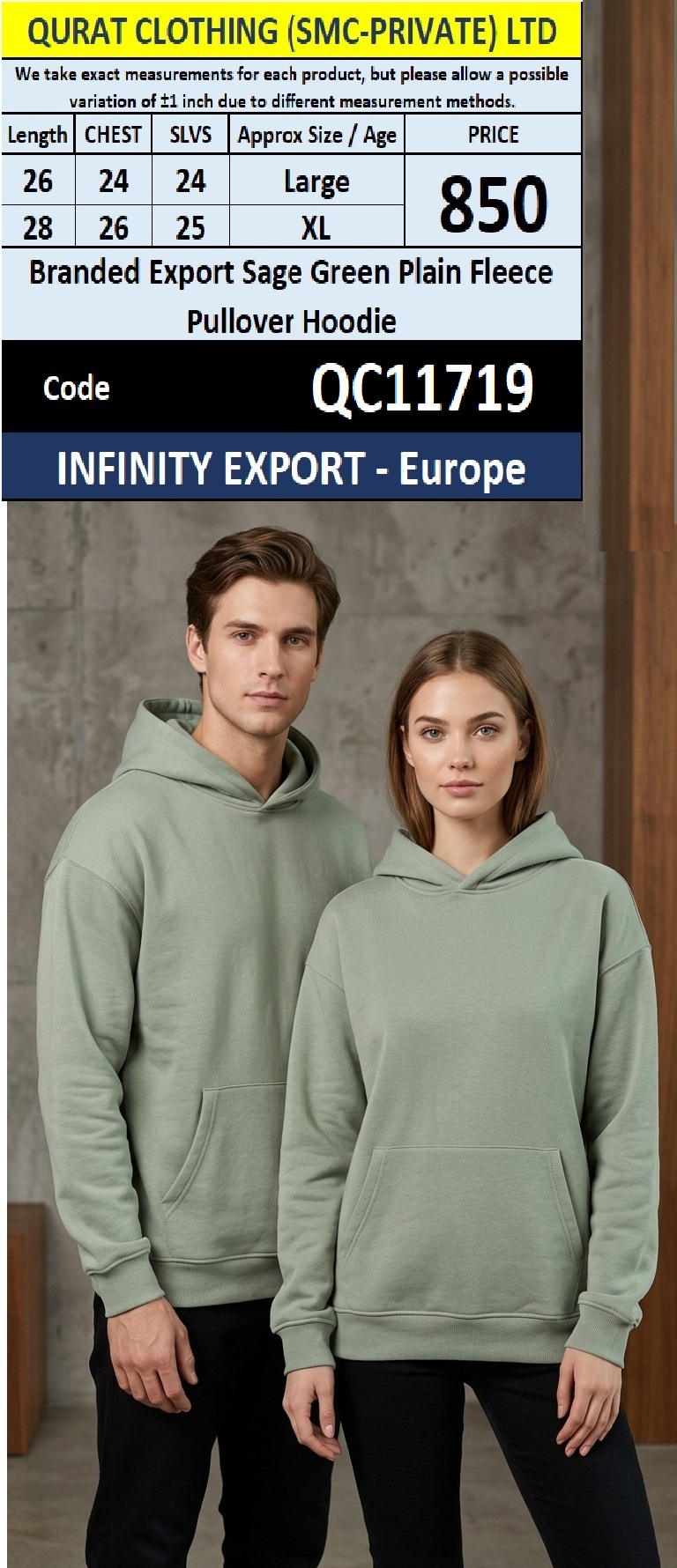 Infinity Export Europe Branded Export Sage Green Plain Fleece Pullover Hoodie QC11719