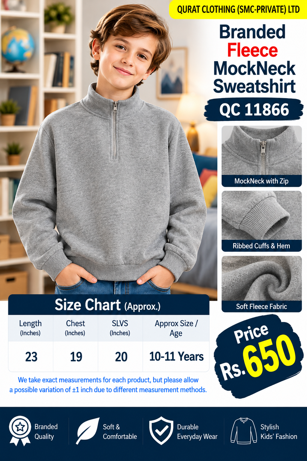Branded grey marl fleece mock neck sweatshirt with plain finish with short front zipper — QC11866