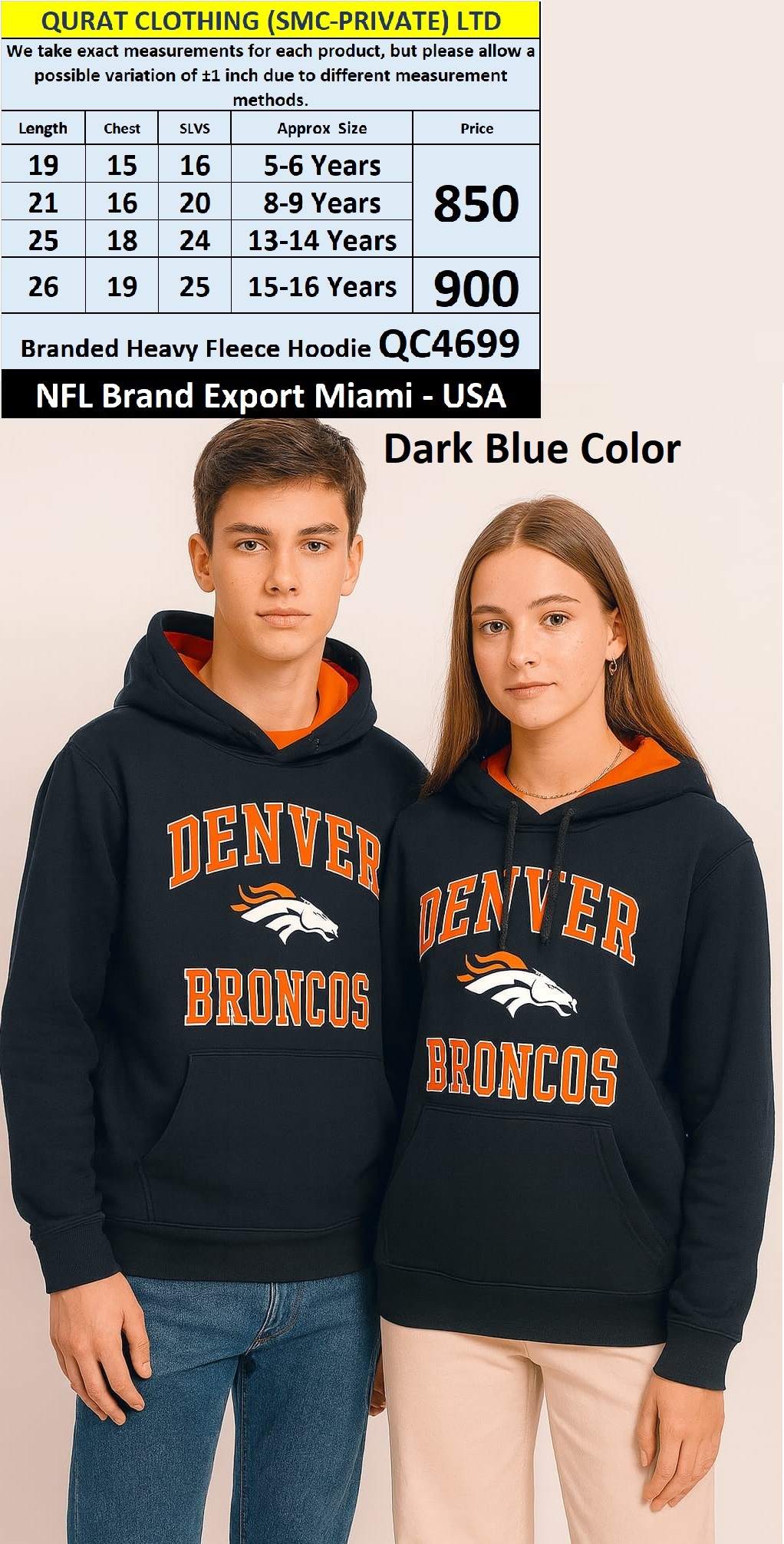 NFL Brand Heavy Fleece Hoodie QC4699 Export Miami - USA