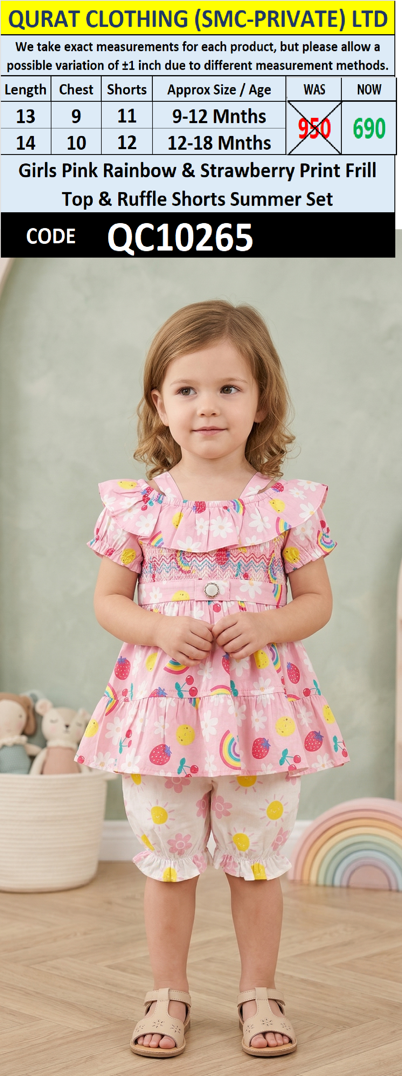 Girls Pink Rainbow & Strawberry Print Frill Top & Ruffle Shorts Summer Set – QC10265