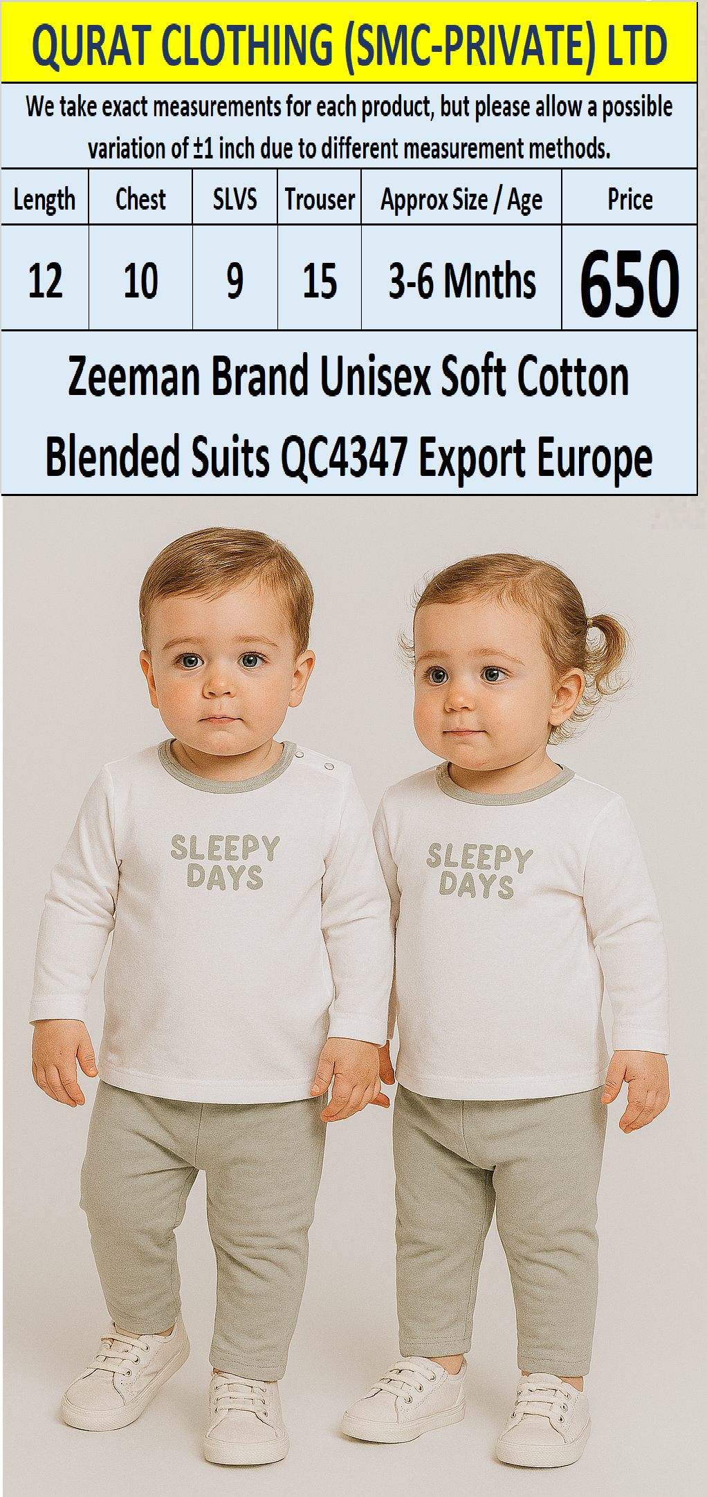 Zeeman Brand Unisex Soft Cotton Blended Suits QC4347 Export Europe 