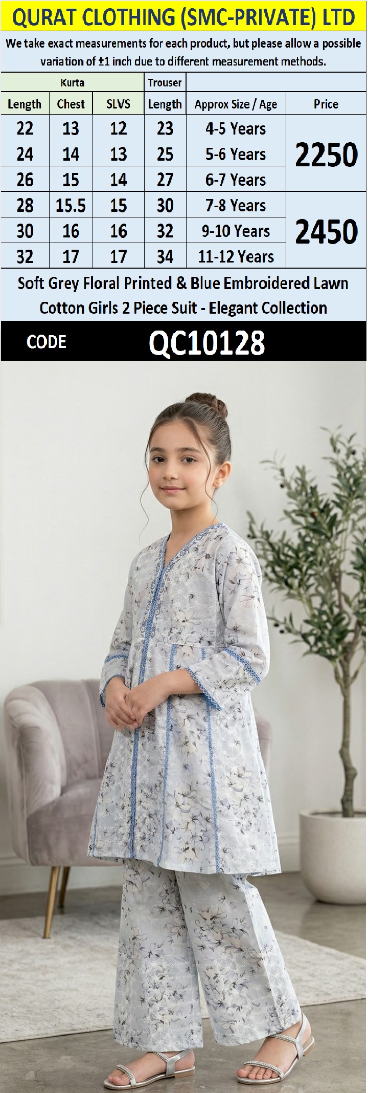 Soft Grey Floral Printed & Blue Embroidered Lawn Cotton Girls 2 Piece Suit – Elegant Collection QC10128 - QC10128