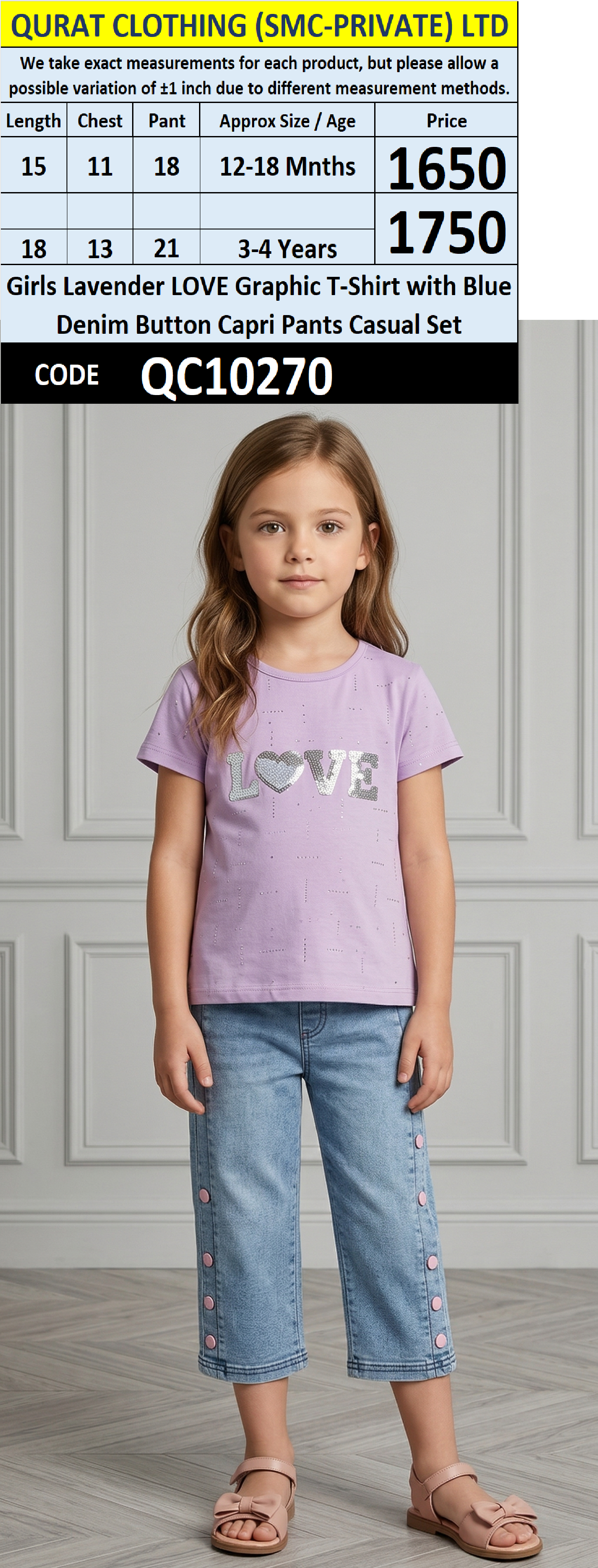 Girls Lavender LOVE Graphic T-Shirt with Blue Denim Button Capri Pants Casual Set - QC10270 - QC10270