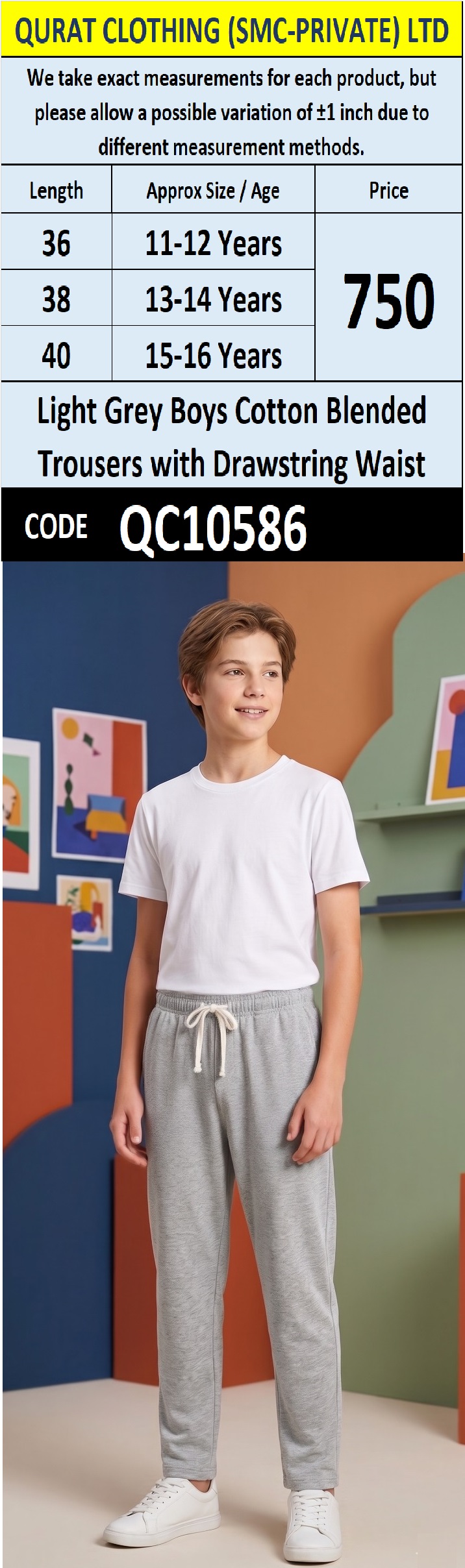 Light Grey Boys Cotton Blended Trousers with Drawstring Waist QC10586