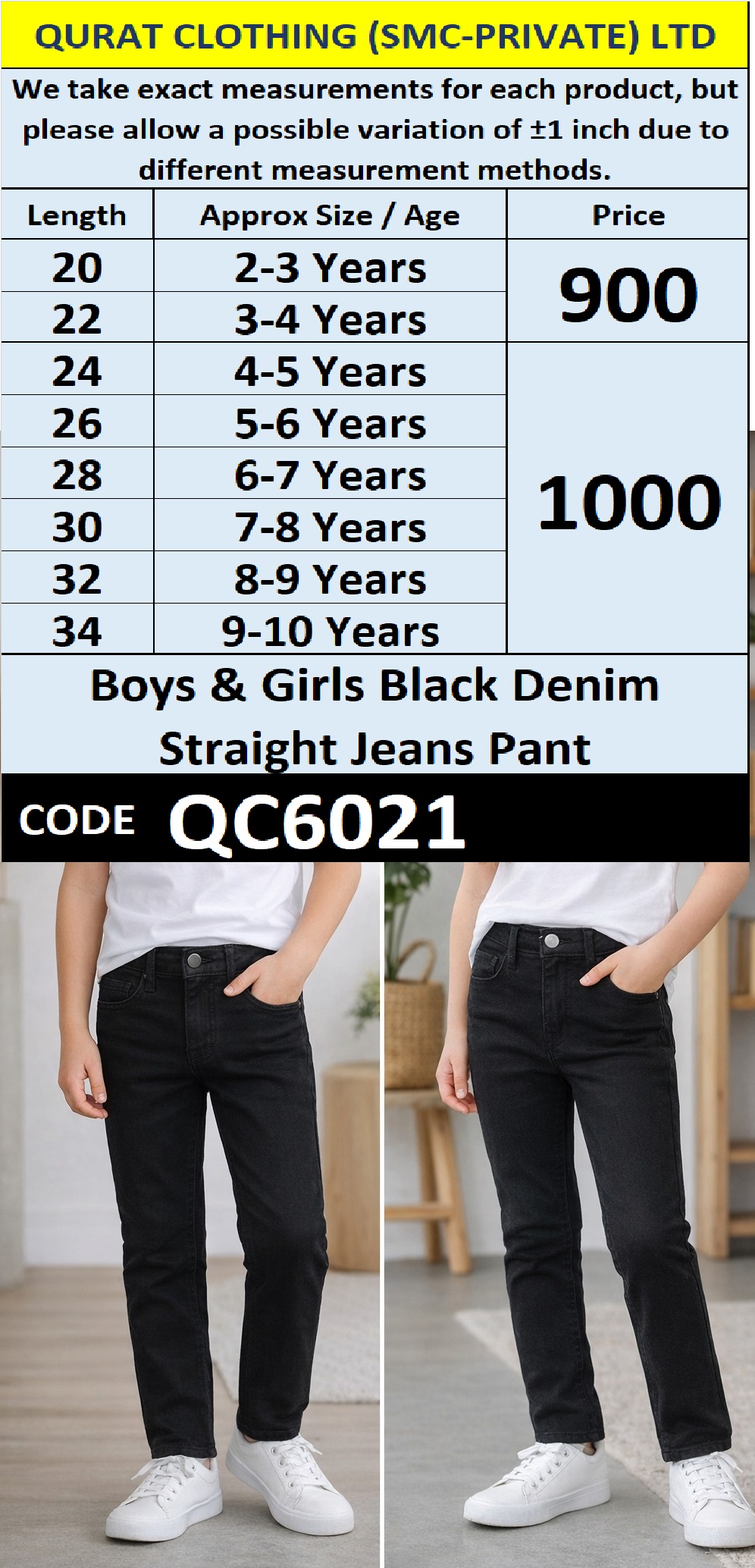Boys & Girls Black Denim Straight Jeans Pant – QC6021