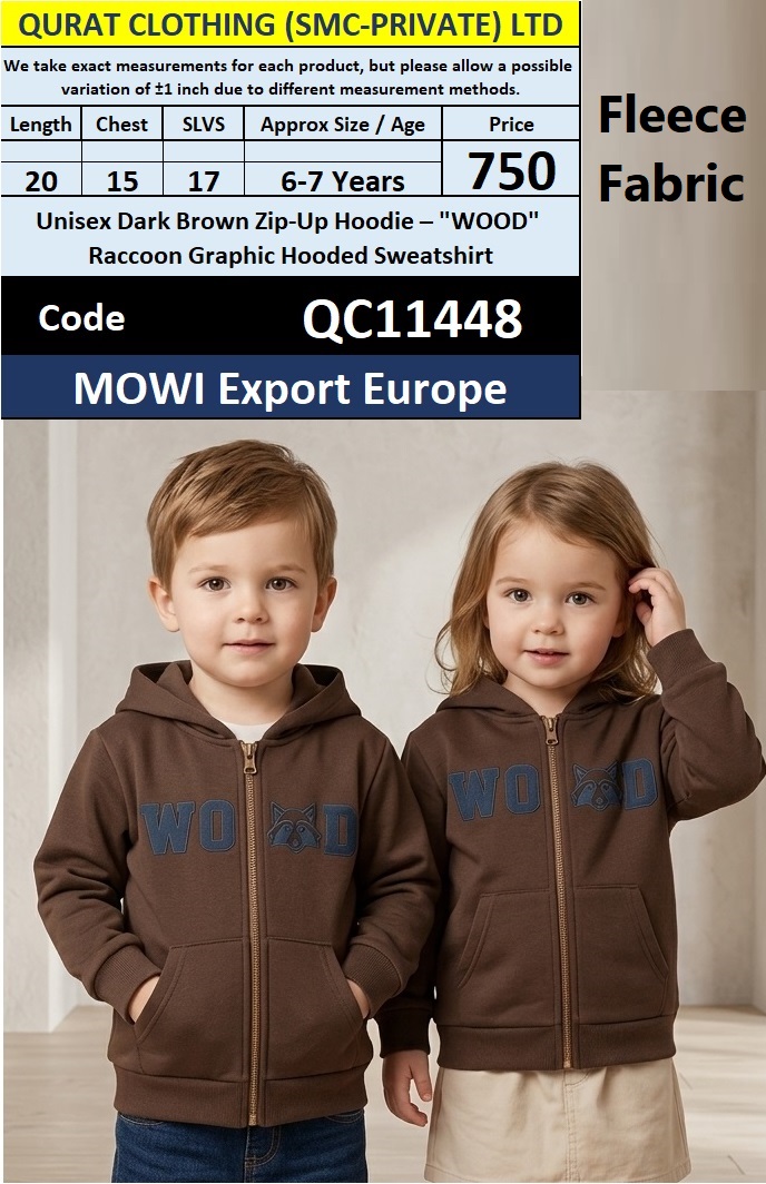 QC11448 – Unisex Dark Brown “WOOD” Raccoon Graphic Fleece Zip-Up Hoodie – MOWI Export Europe