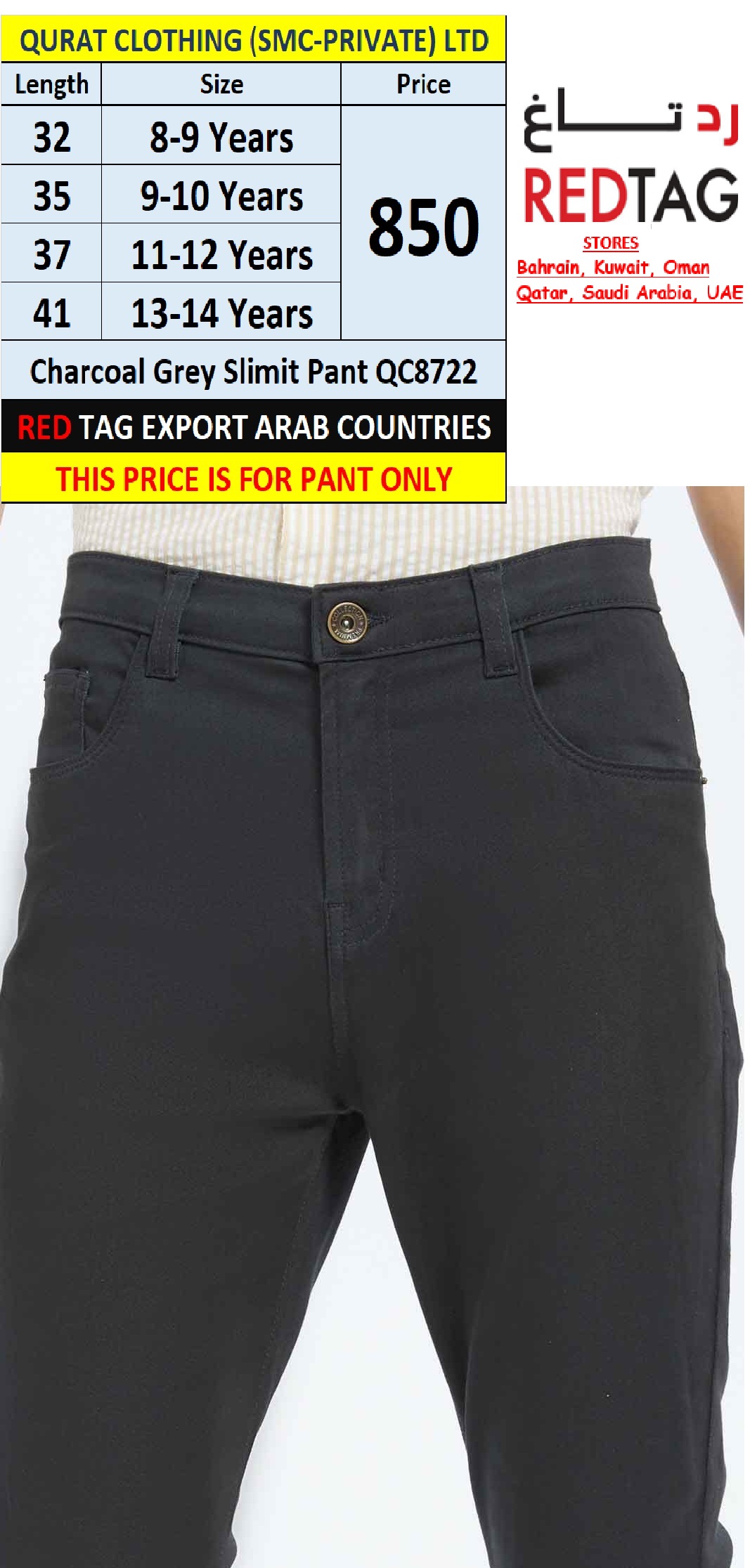 Branded Red Tag Charcoal Grey Slim Fit Pant QC8722 Export Arab Countries