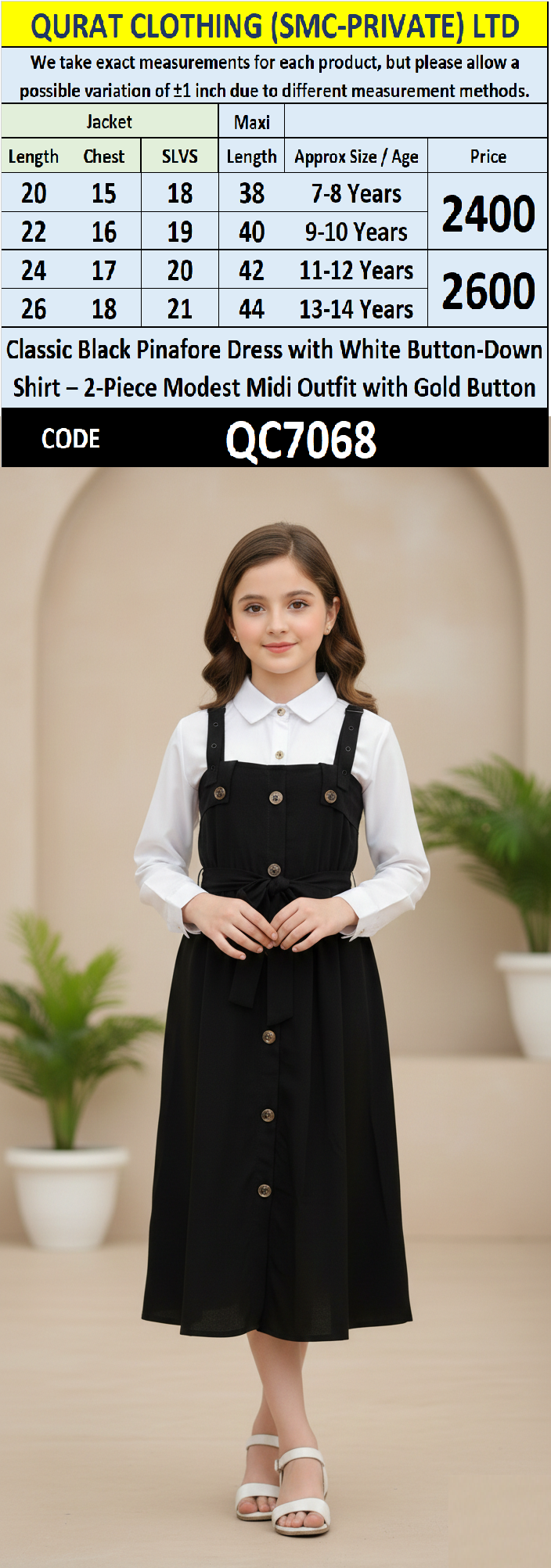 Classic Black Pinafore Midi Dress with White Button-Down Shirt Gold Button Detail – 2-Piece Modest Outfit – QC7068 - QC7068