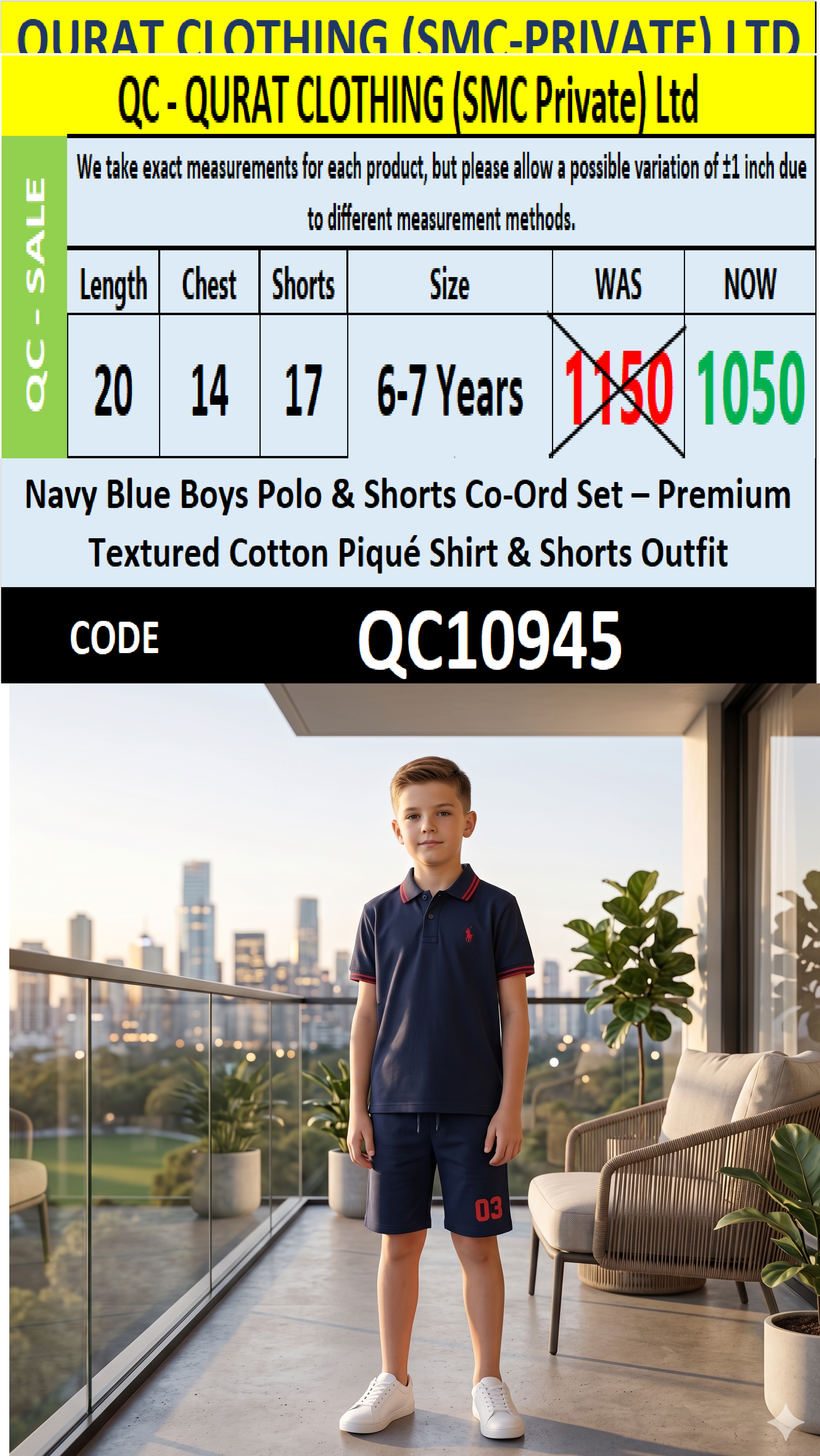 Navy Blue Boys Polo & Shorts Co-Ord Set – Premium Textured Cotton Piqué Shirt & Shorts Outfit QC10945