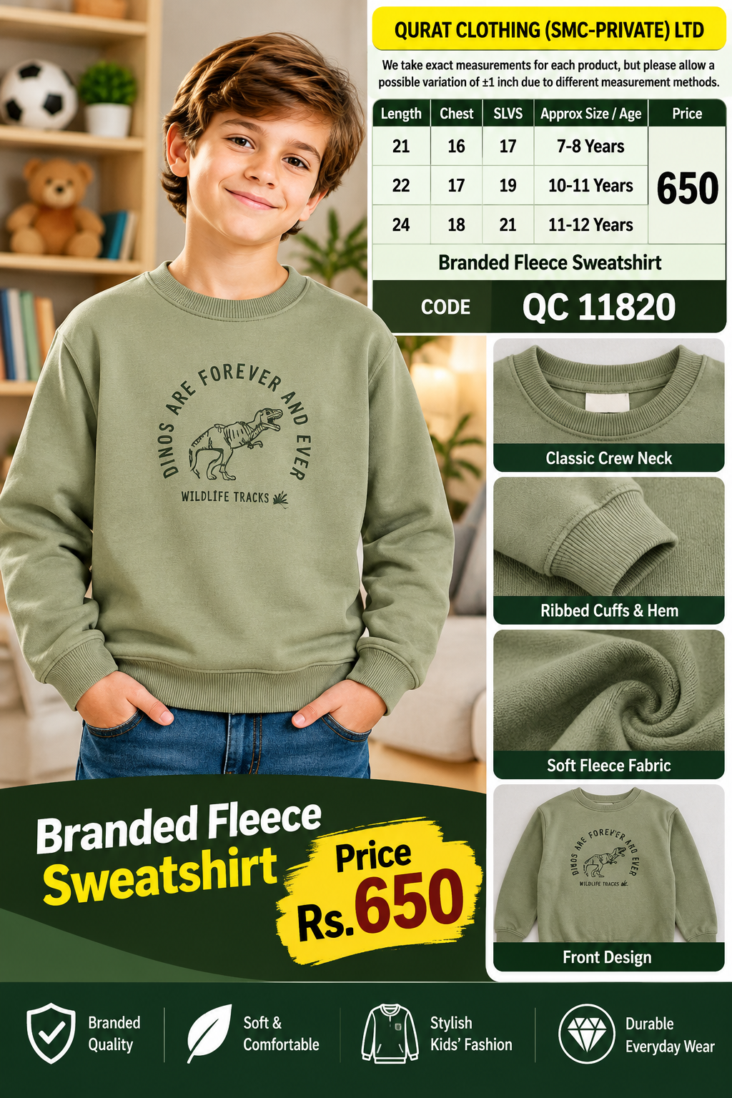 Branded Kids’ Sage Green Fleece Sweatshirt with “DINOS ARE FOREVER AND EVER” Dinosaur Print — QC11820