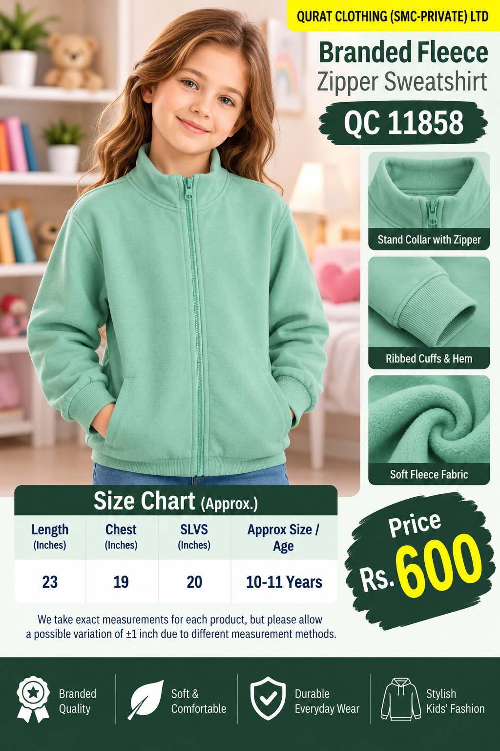 Branded mint green fleece zipper sweatshirt with stand collar and full front zipper — QC11858