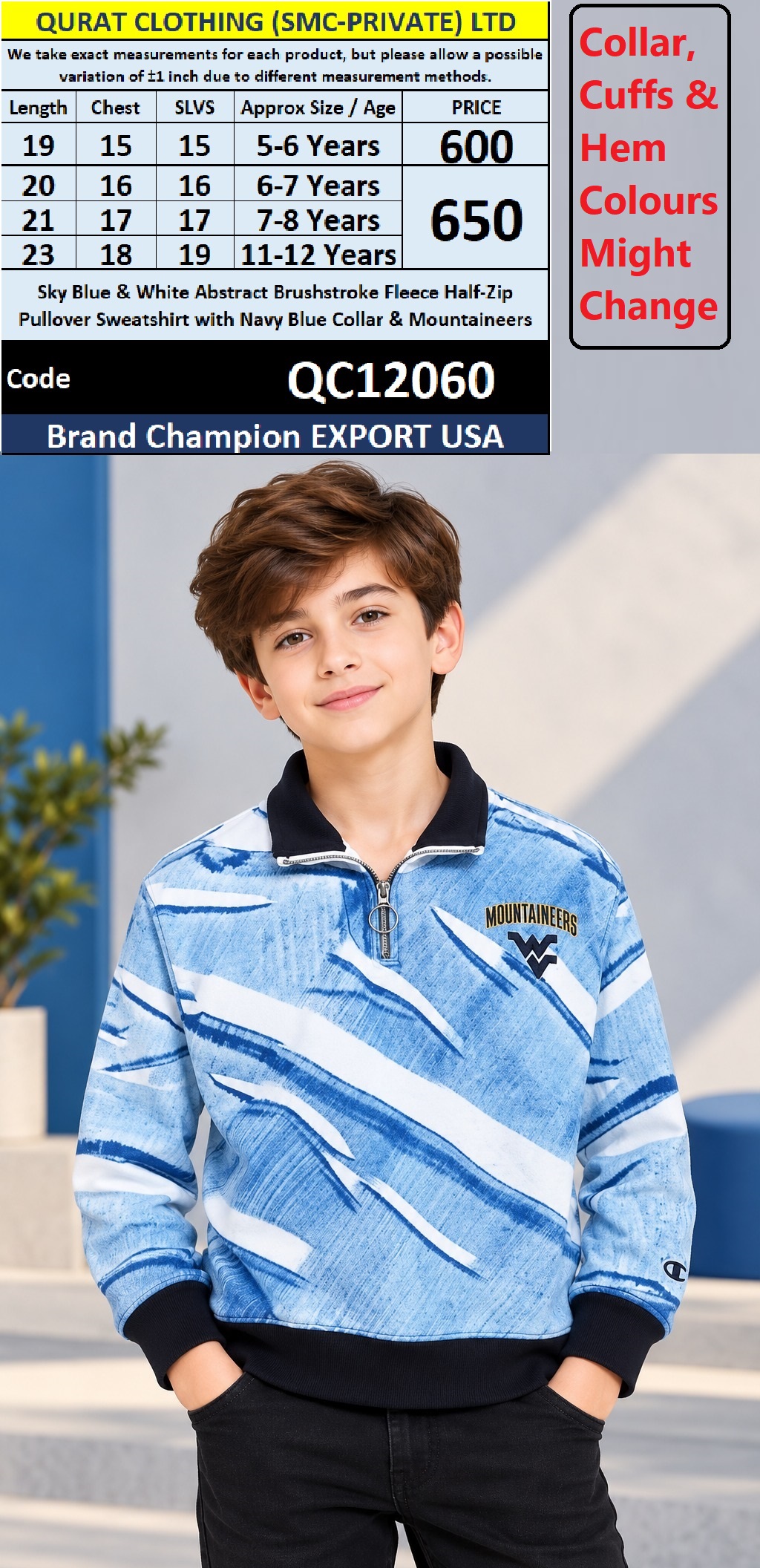 Sky Blue & White Abstract Brushstroke Fleece Half-Zip Pullover Sweatshirt with Navy Blue Collar & Mountaineers – Champion Export USA – QC12060