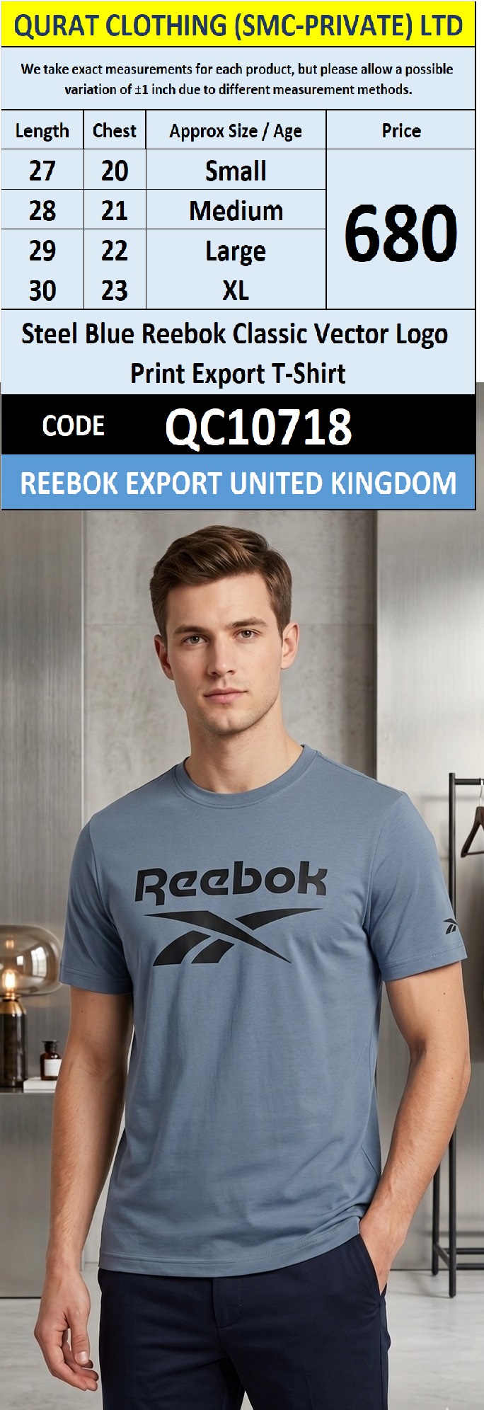 Steel Blue Reebok Classic Vector Logo Print Export T-Shirt QC10718
