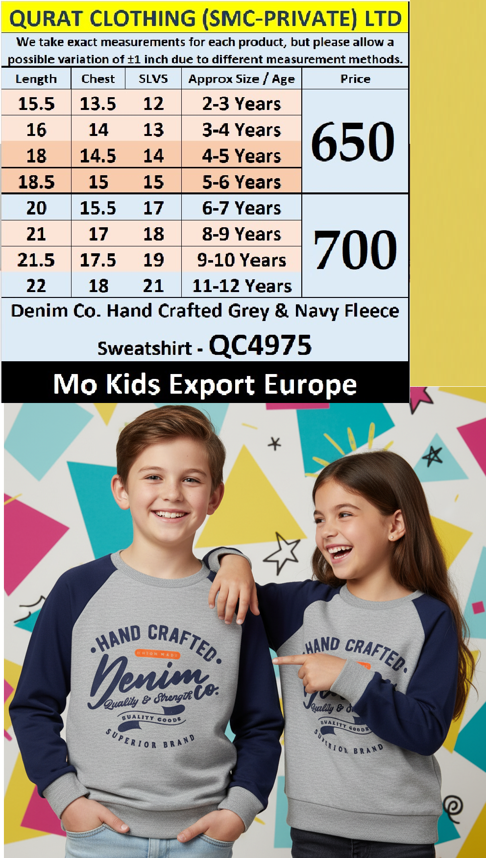 Mo Kids “Hand Crafted Denim Co.” Grey & Navy Fleece Sweatshirt QC4975 – Export Europe