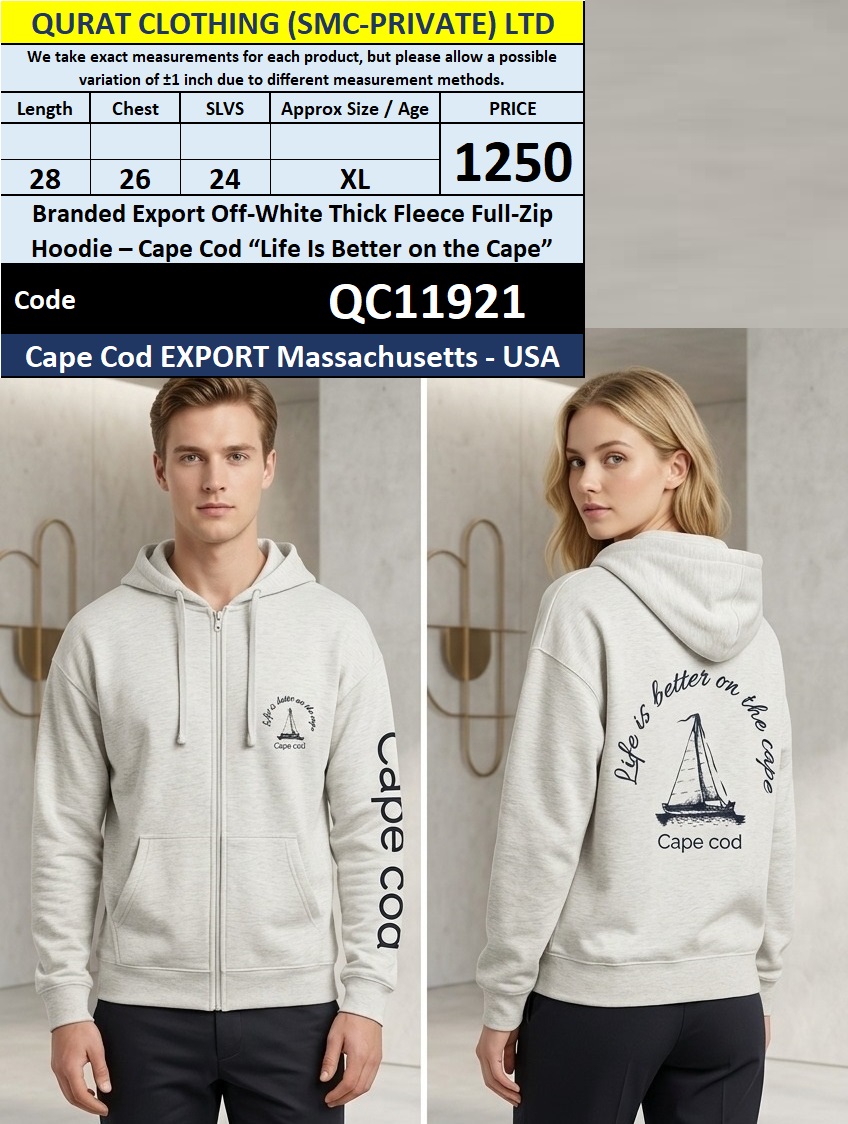 Branded Export Off-White Thick Fleece Full-Zip Hoodie – Cape Cod “Life Is Better on the Cape” – Cape Cod Massachusetts USA – QC11921