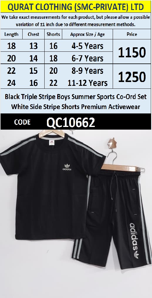 Black Triple Stripe Boys Summer Sports Co-Ord Set White Side Stripe Shorts Premium Activewear QC10662