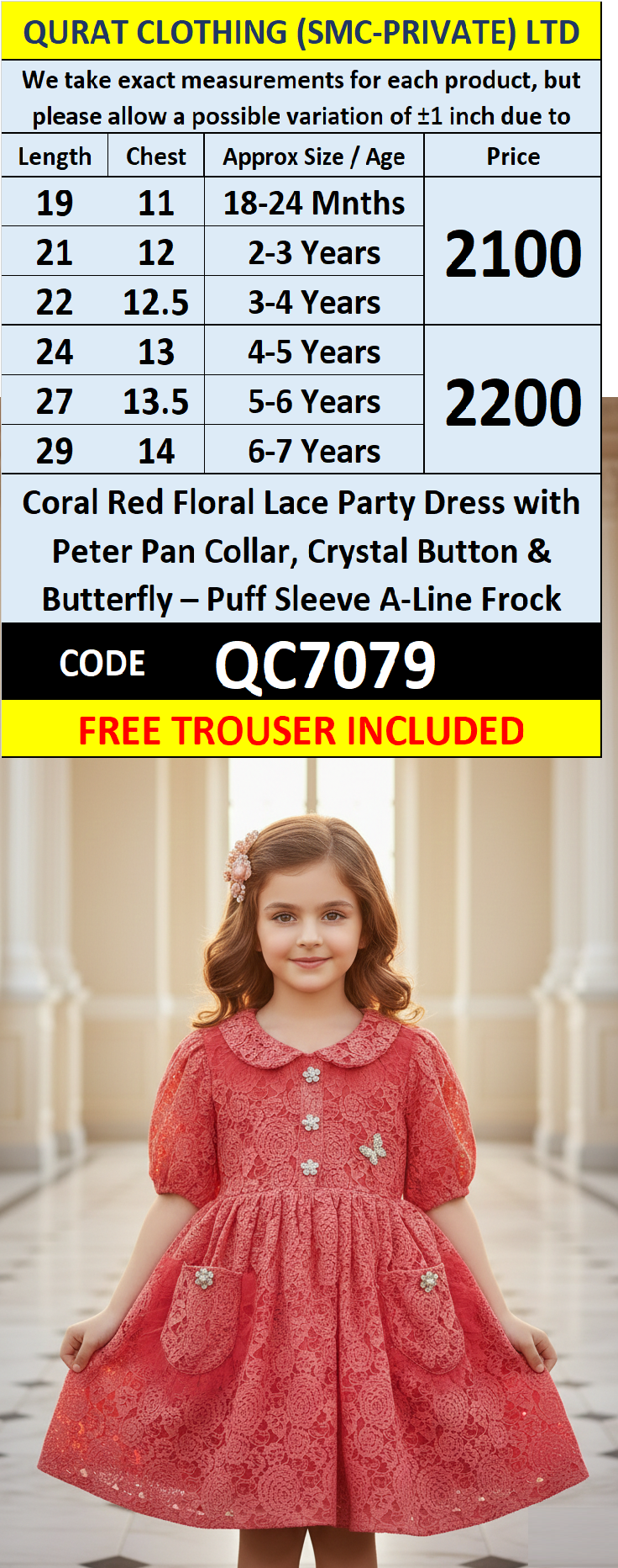 Coral Red Floral Lace Party Dress with Peter Pan Collar, Crystal Button & Butterfly – Puff Sleeve A-Line Frock QC7079 - QC7079