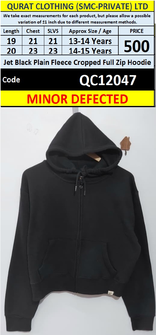 Minor Defected Jet Black Plain Fleece Cropped Full Zip Hoodie – QC12047