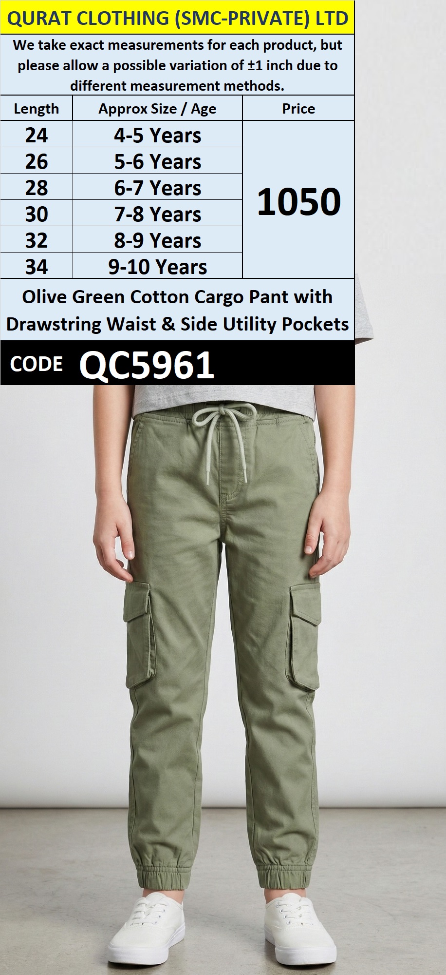 Olive Green Cotton Cargo Trouser with Drawstring Waist & Side Utility Pockets – QC5961