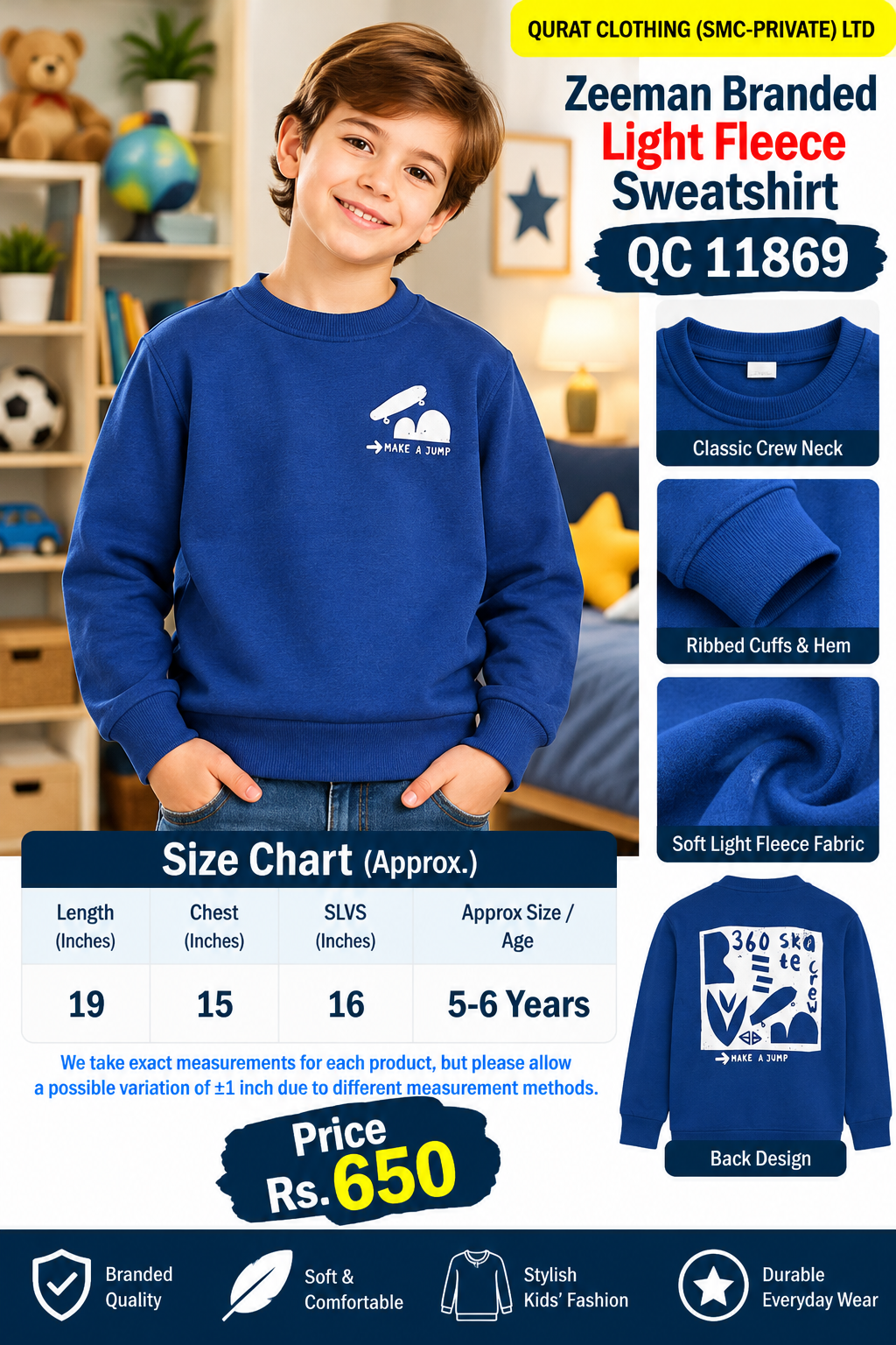 Zeeman Branded royal blue light fleece sweatshirt with white Make a Jump skateboard graphics on front and back — QC11869
