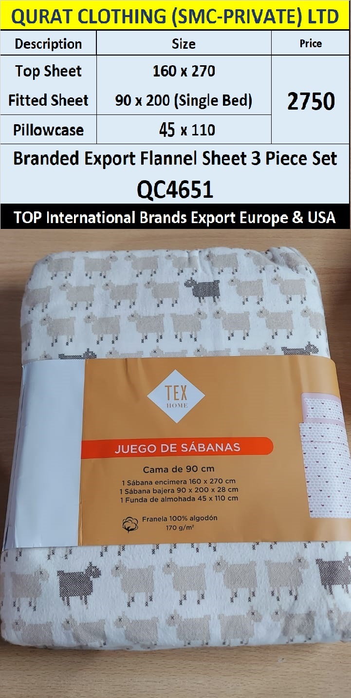 Top Intl Brand Flannel Fabric Top Sheet + Fitted Sheet + Pillow Case QC4651 Export Europe & USA