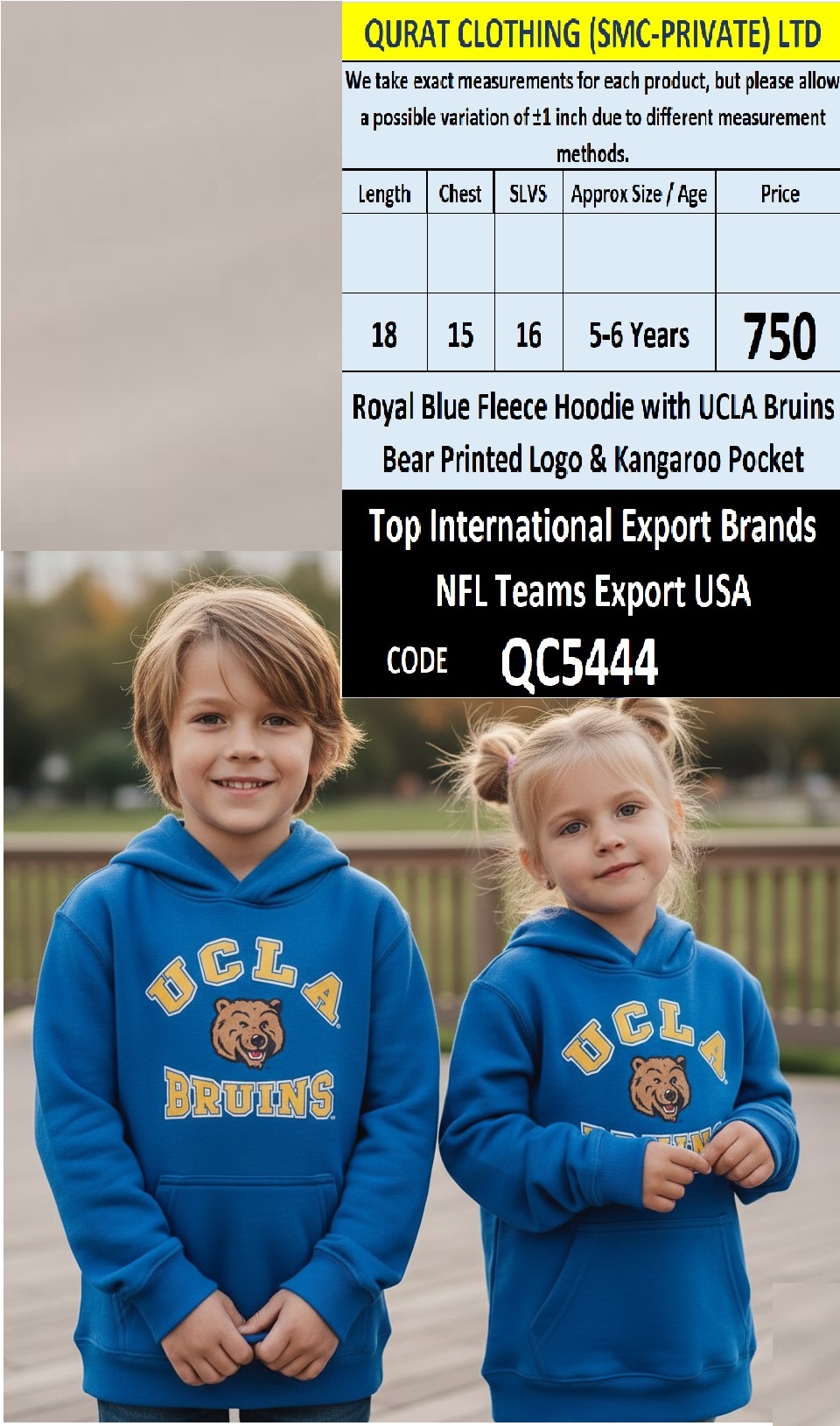 Royal Blue Fleece Hoodie UCLA Bruins Bear Printed Logo with Kangaroo Pocket – Export USA – QC5444