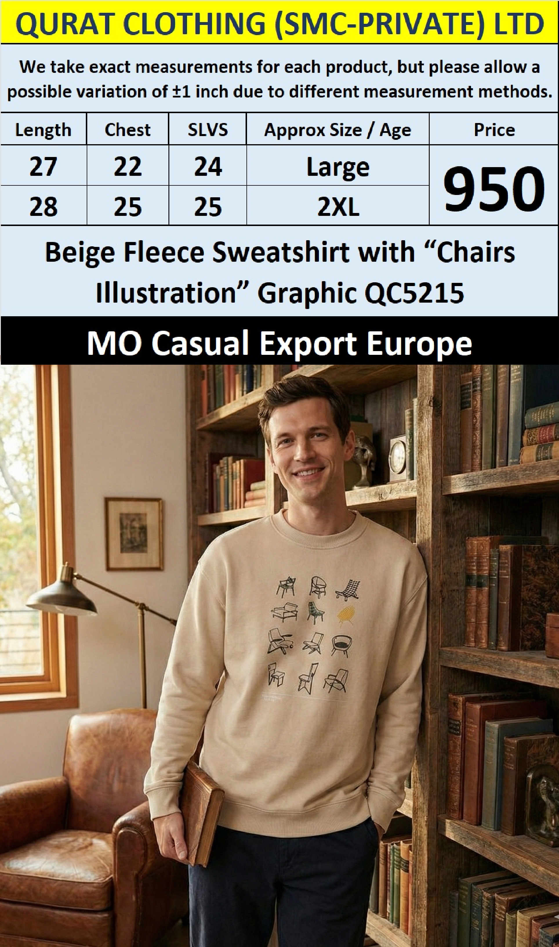 Beige Fleece Sweatshirt with “Chairs Illustration” Graphic QC5215