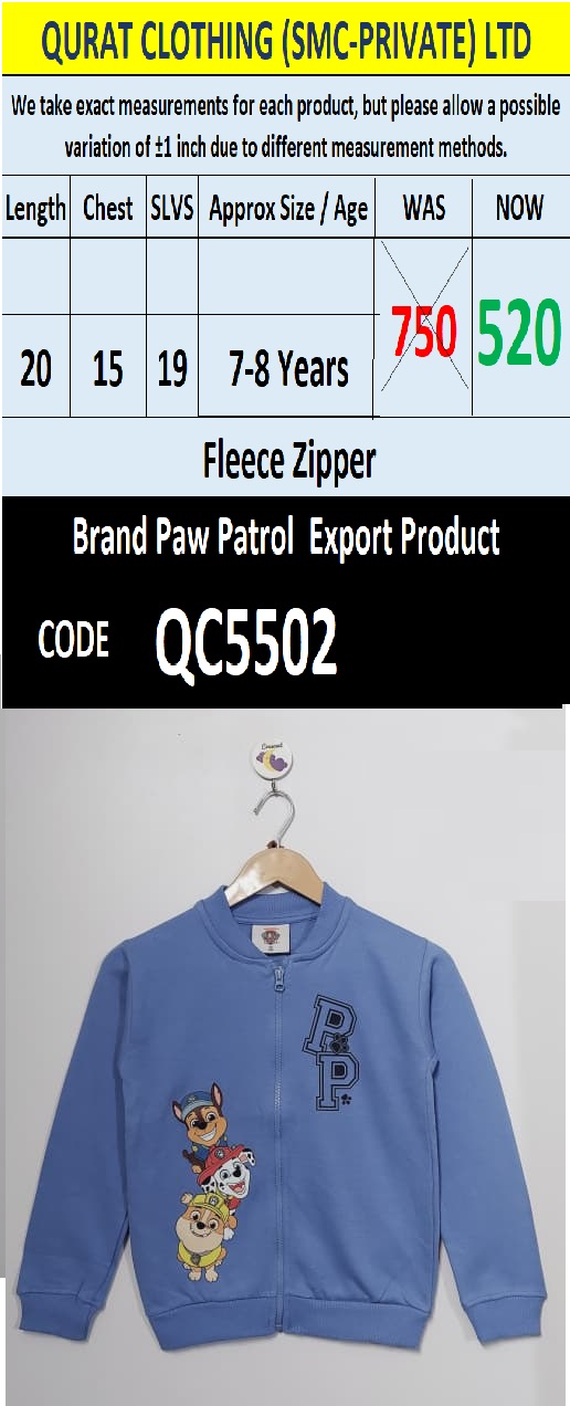 Paw Patrol Brand Fleece Zipper Export Product - QC5502