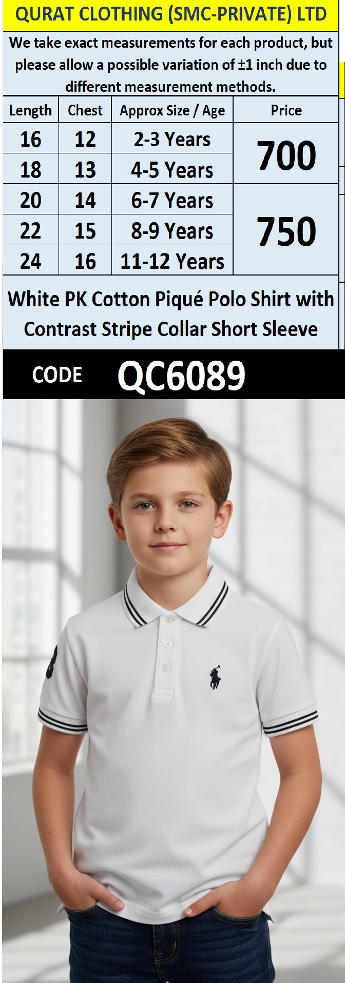 Boys White PK Cotton Piqué Polo Shirt with Contrast Stripe Collar Short Sleeve – Premium Smart Polo QC6089