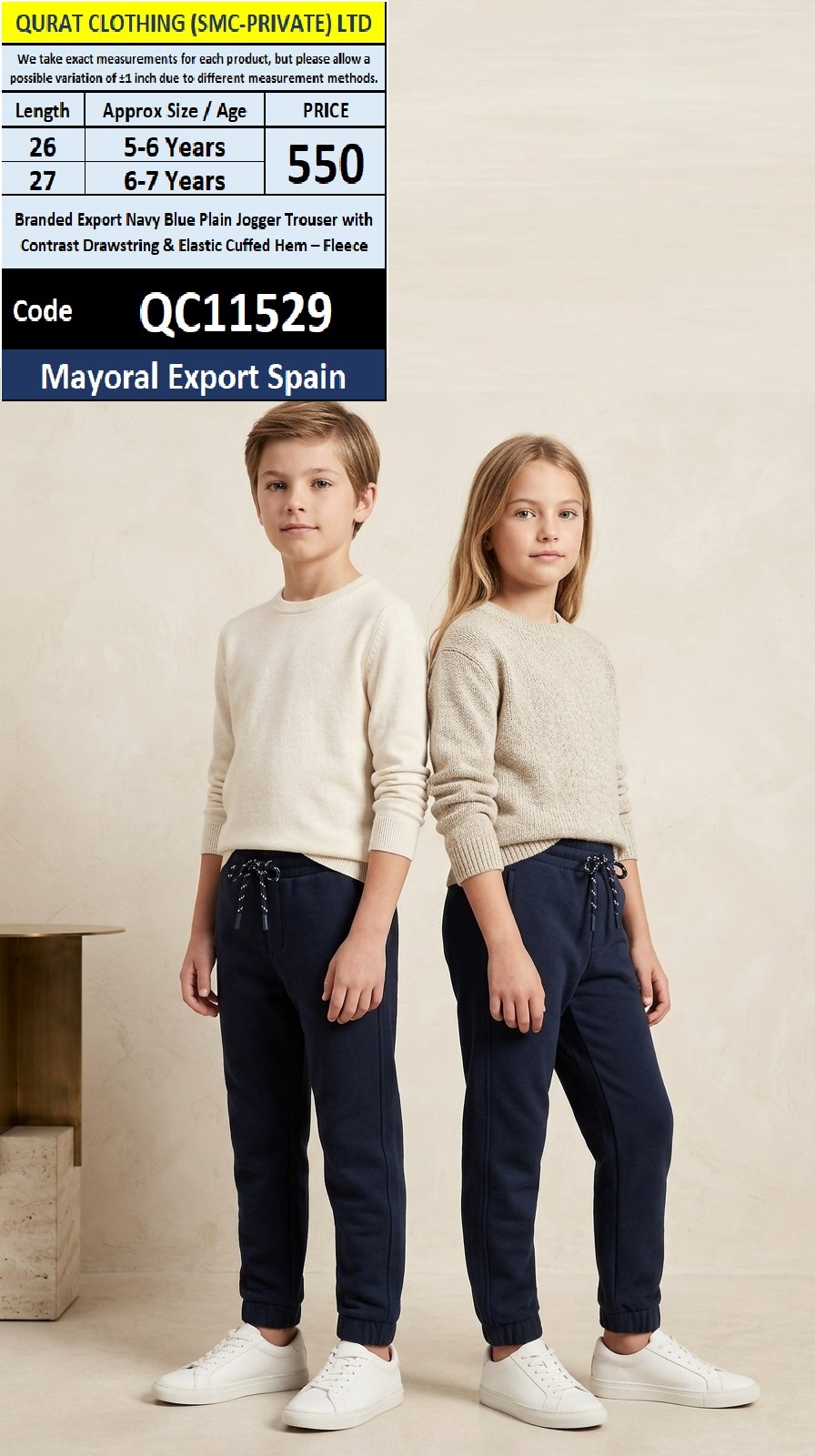 Mayoral Export Spain Branded Navy Blue Plain Jogger Trouser with Contrast Drawstring & Elastic Cuffed Hem – Fleece – QC11529