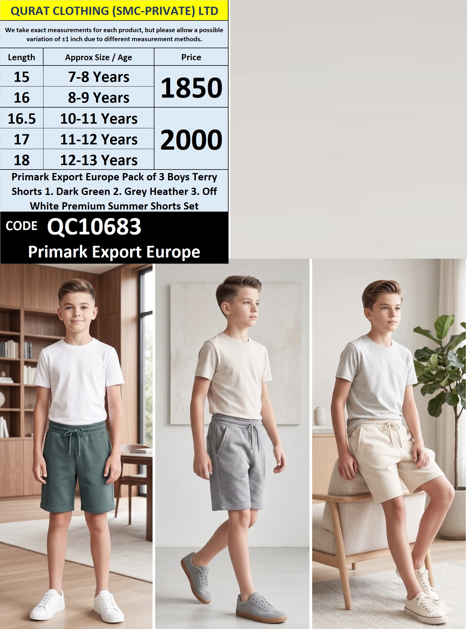 Primark Export Europe Pack of 3 Boys Terry Shorts 1. Dark Green 2. Grey Heather 3. Off White Premium Summer Shorts Set QC10683