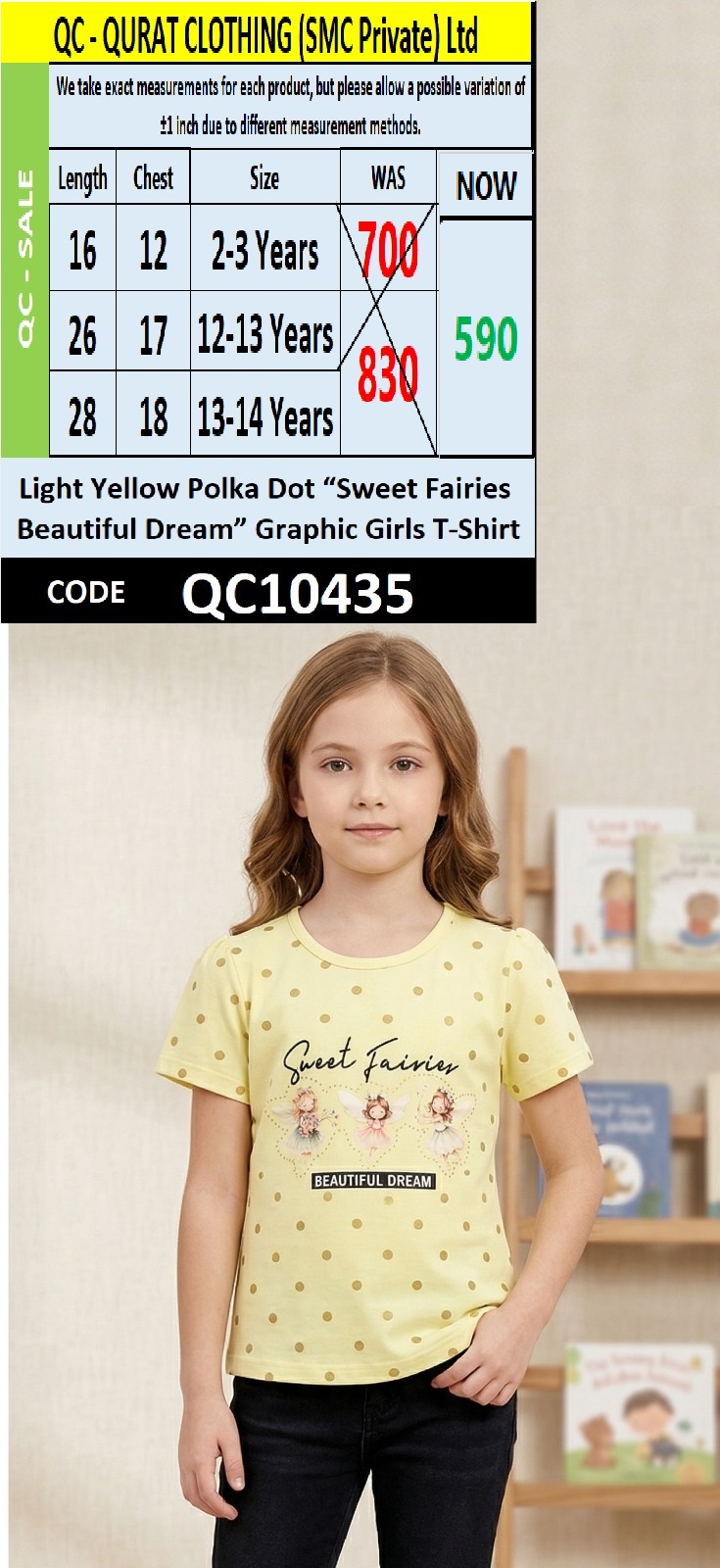 Light Yellow Polka Dot “Sweet Fairies Beautiful Dream” Graphic Girls T-Shirt QC10435
