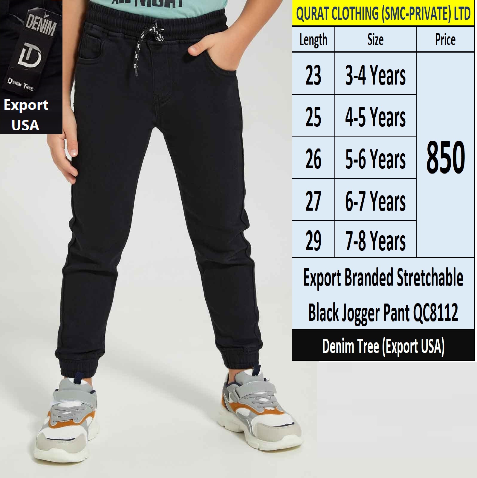 Export Stretchable Black Joger Pant QC8112 Brand Denim Tree Export USA