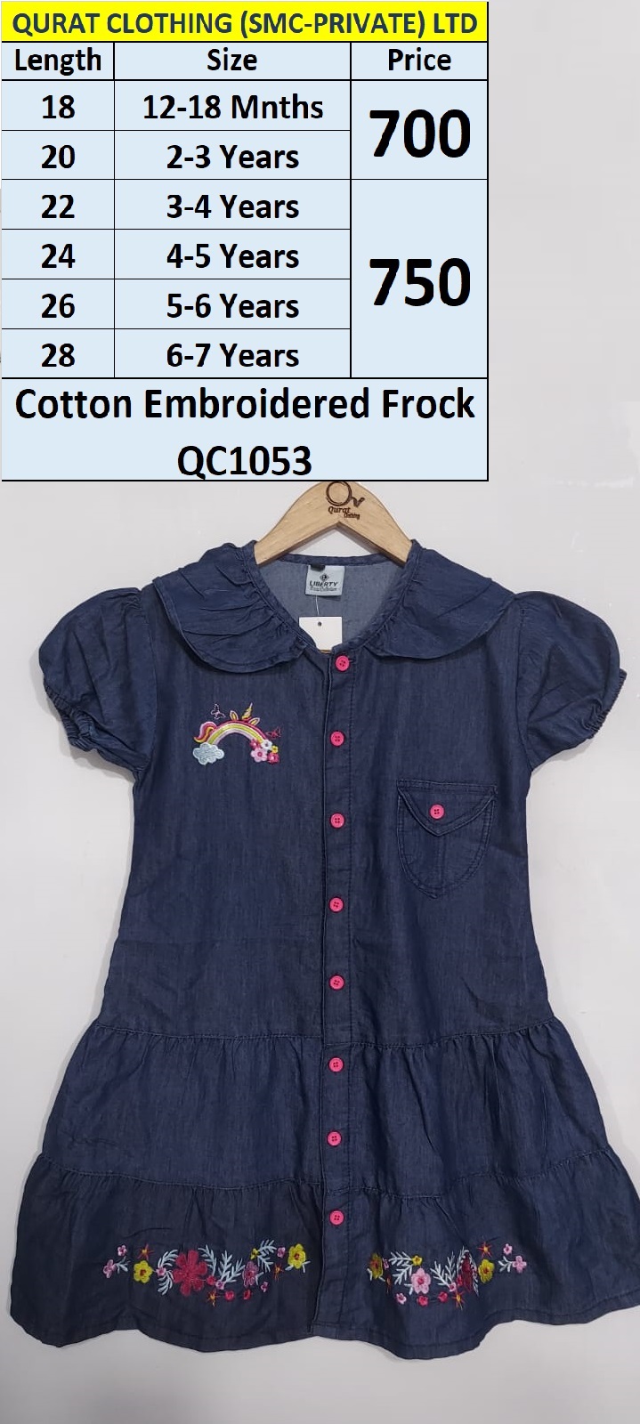Buy Dark Blue Cotton Unicorn & Rainbow Embroidered Frock QC1053 QC