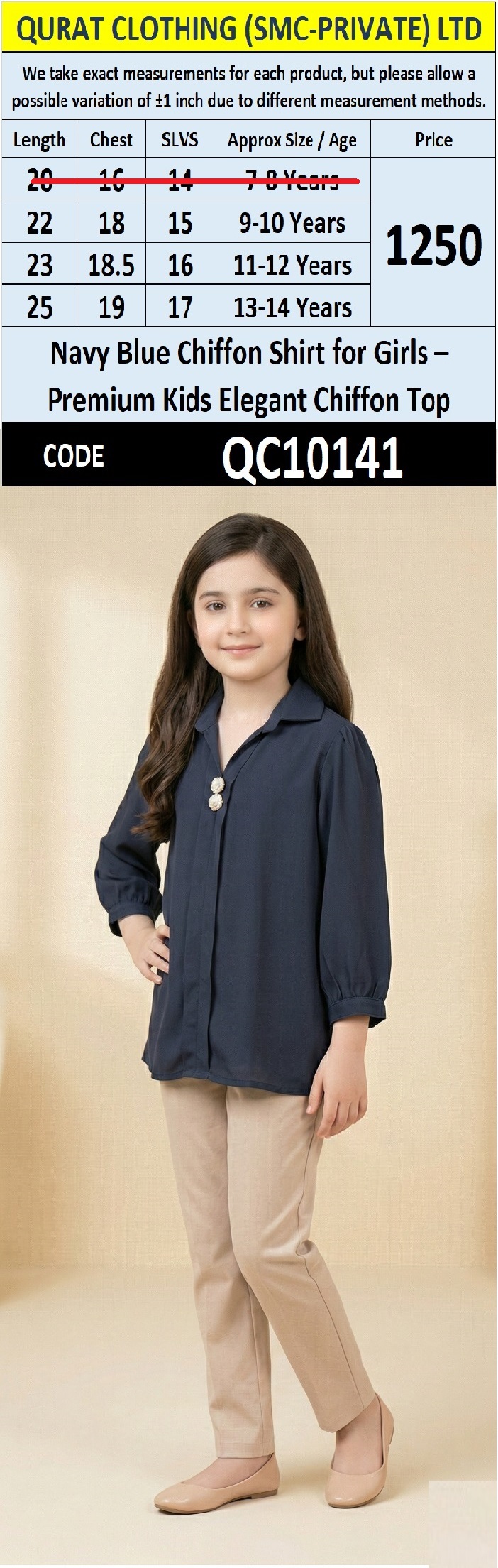 Navy Blue Chiffon Shirt for Girls – Premium Kids Elegant Chiffon Top QC10141