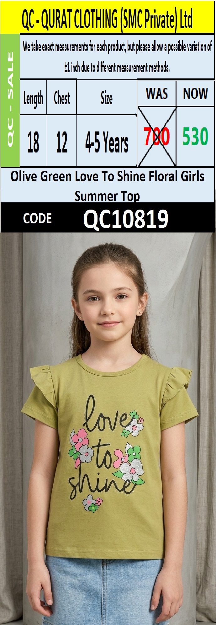 Olive Green Love To Shine Floral Girls Summer Top QC10819