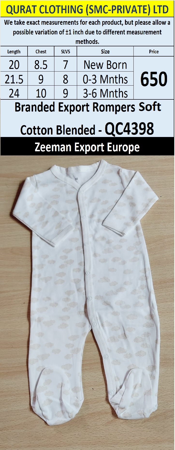 Zeeman Brand Soft Cotton Blended Romper Export Europe - QC4398
