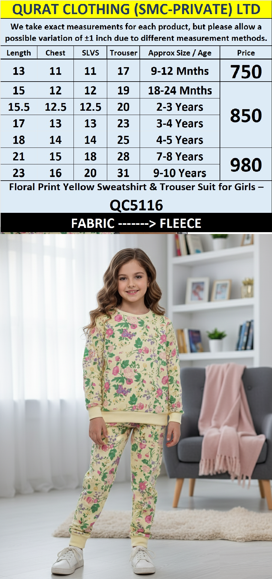 Floral Print Yellow Fleece Sweatshirt & Trouser Winter Suit for Girls – QC5116