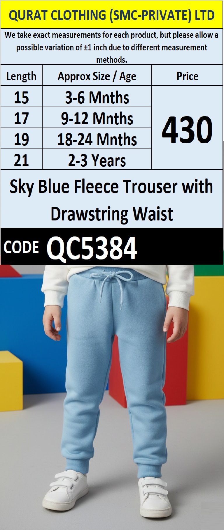 Sky Blue Fleece Trouser with Drawstring Waist for Babies & Kids QC5384